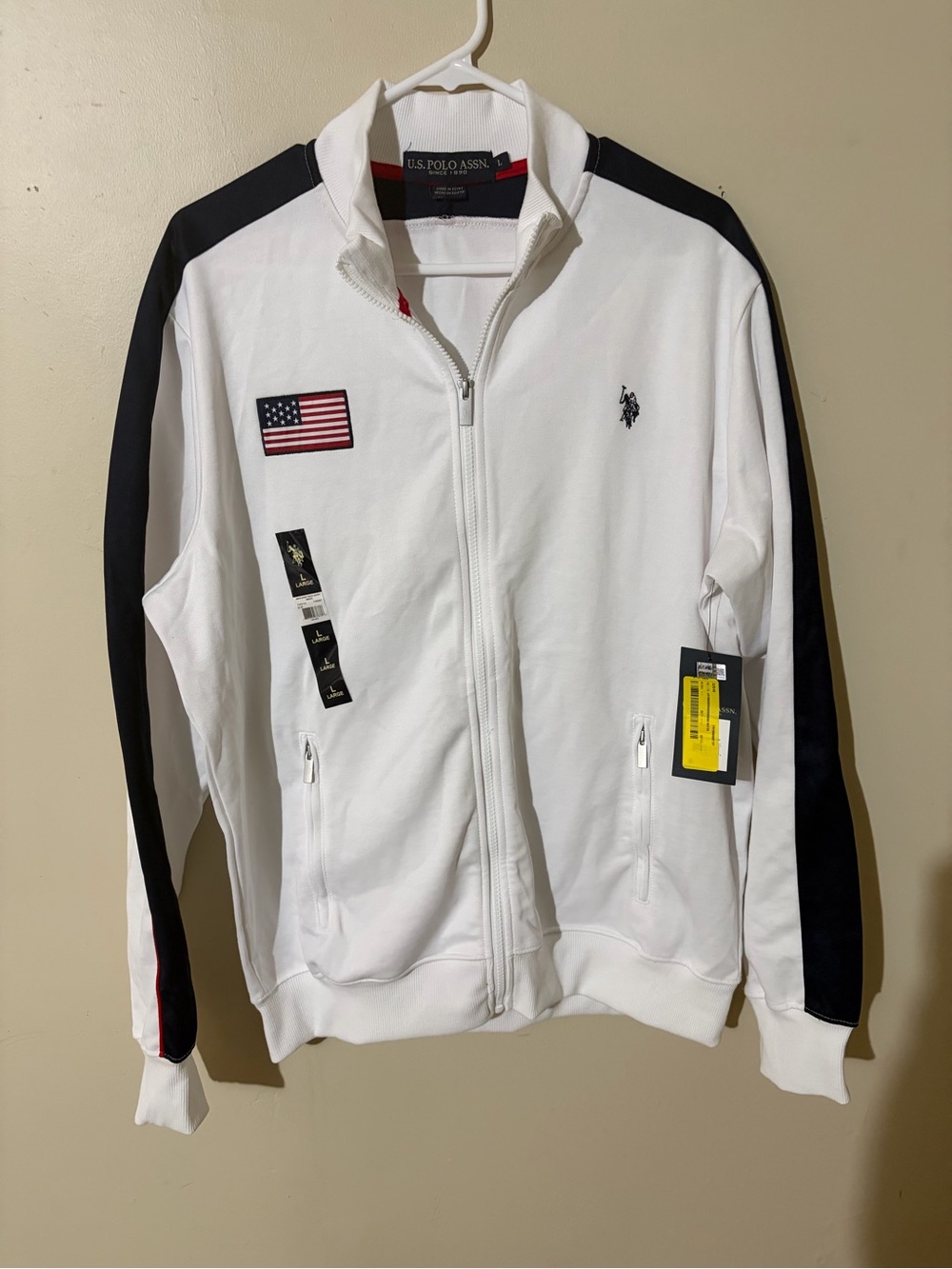 U.S. Polo Assn. White Zip-Front Track Jacket with Black Sleeve Panels